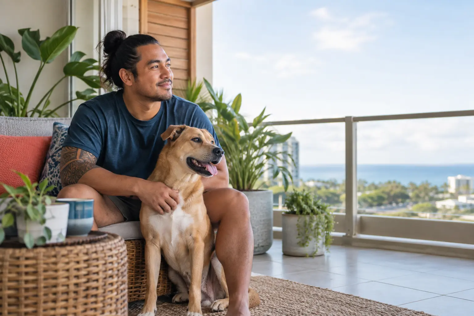 Hawaii resident relaxing at home with his dog